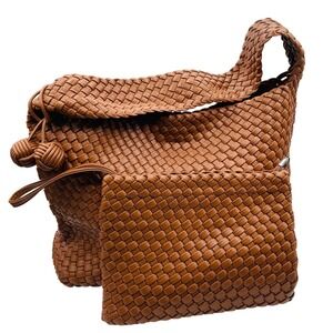Large Woven Braided Vegan Leather Hobo Shoulder Bag With Clutch Brown Beach Boho